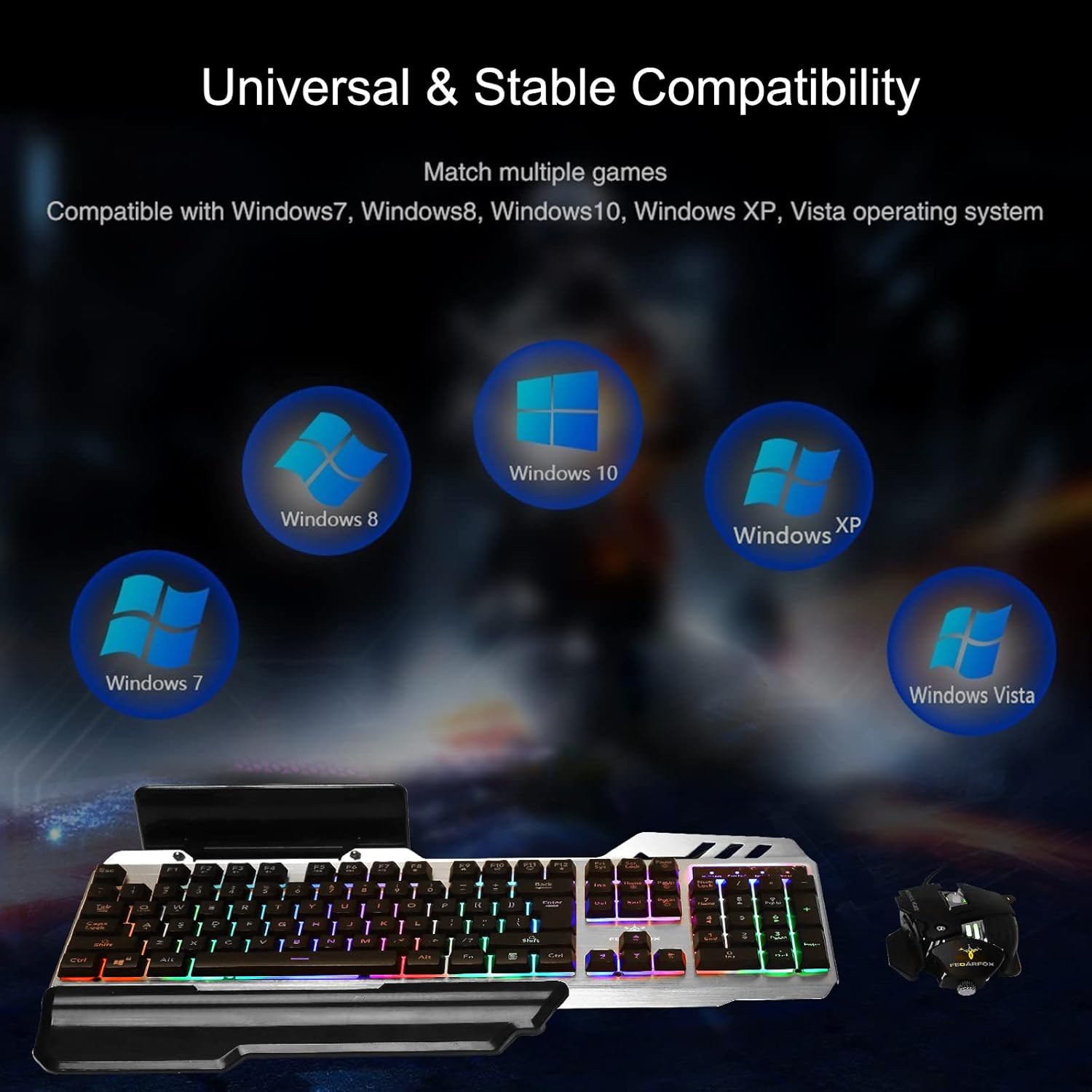 Gaming Keyboard and Mouse - FEDARFOX Wired Rainbow Led Keyboard Mouse Combo Backlit Illuminated Mice Mechanical Feeling Keyboard with Removable Hand Rest RGB Keyboard for Windows PC GamerPS4
