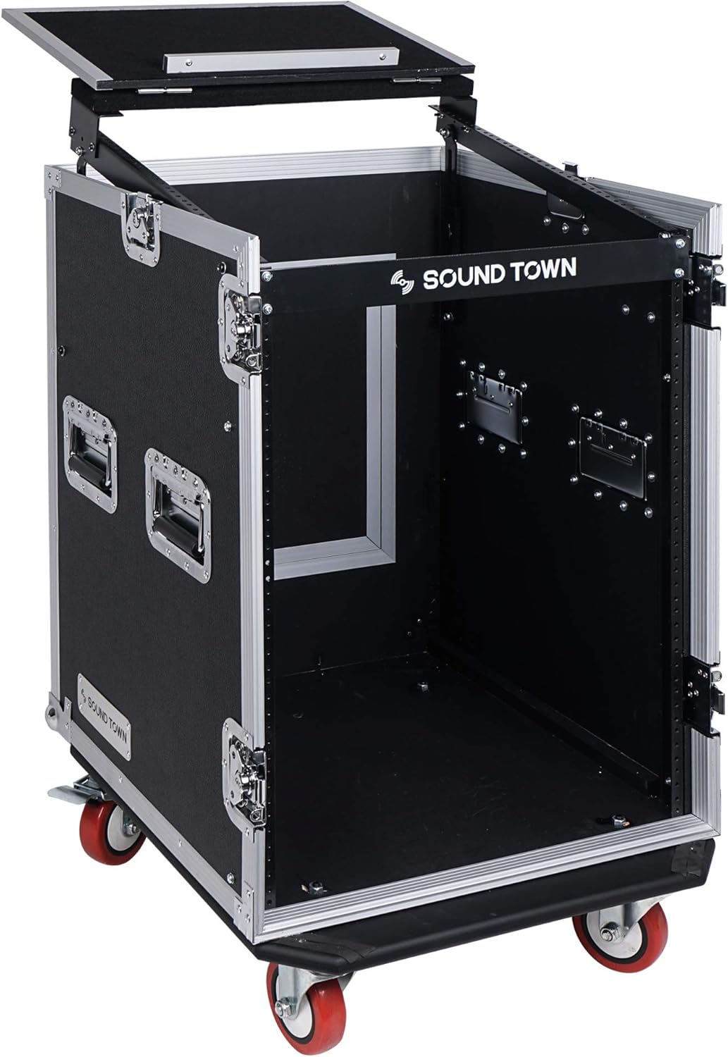 Sound Town 14U PA DJ Rack/Road ATA Case with 11U Slant Mixer Top, 20���� Rackable Depth, DJ Work Table and Casters, 14 Space Size, Pro Tour Grade (STMR-14UWT)