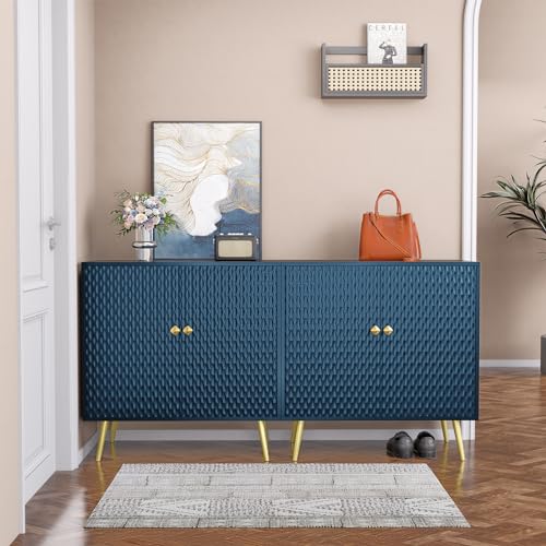 Buffet Cabinet with Storage, Blue Accent Cabinet with Carved Texture, Sideboard Buffet Cabinet with 2 Doors and Shelves, Modern Credenza Storage Cabinet for Living Room