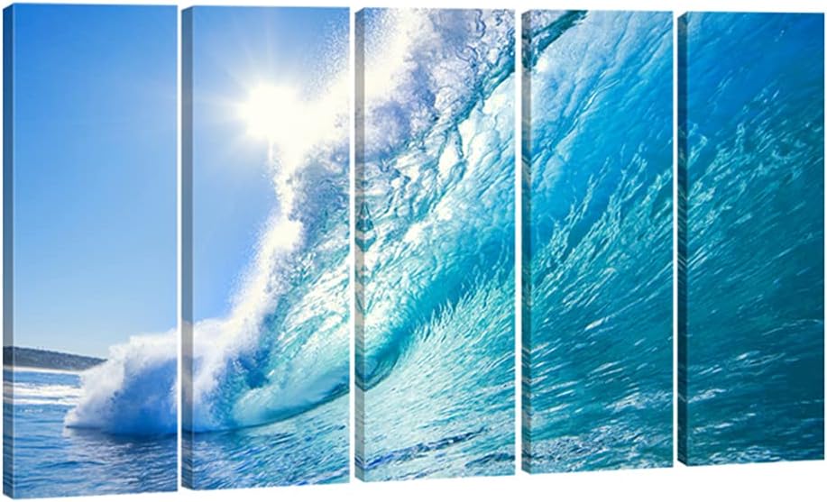 Wieco Art Sea Waves Large 5 Piece Modern Framed Giclee Canvas Prints Seascape Artwork Ocean Beach Pictures Paintings on Canvas Wall Art Ready to Hang for Living Room Bedroom Home Office Decorations