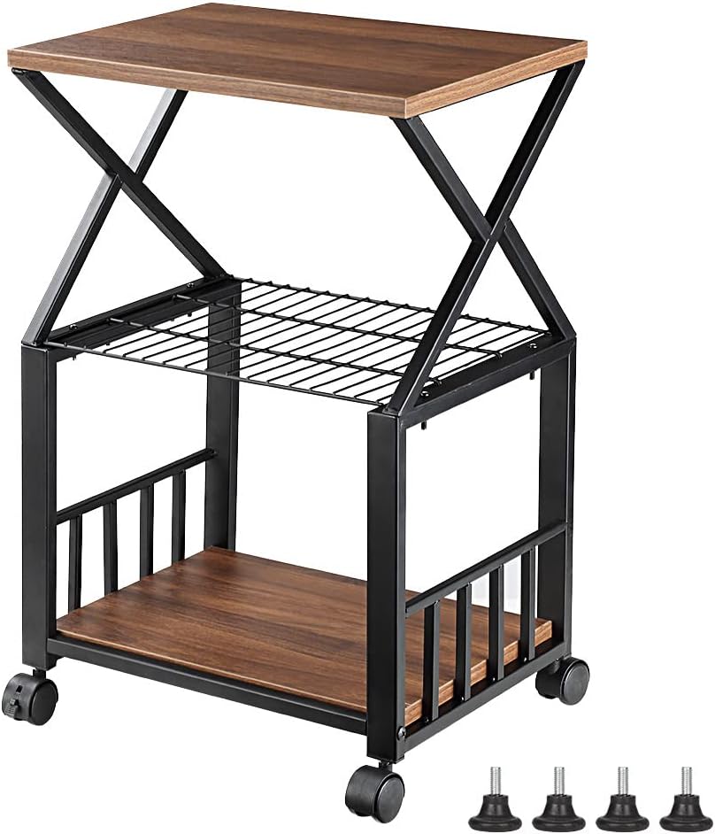 Mobile Printer Stand, Butizone 3-Tier Printer Shelf with Wheel, Rolling Printer Cart Under Desk, Storing Fax Machine, Scanner, Files, Books, for Home, Office, Kitchen, Rustic Brown