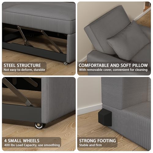 Sleeper Chair, 3 in 1 Convertible Sofa Bed, Adjustable Pull Out Sofa Bed with Throw Pillow, Modern Soft Corduroy Fabric Sofa Sleeper for Single, Living Room, Dorm, Office, Bedroom (Beige)