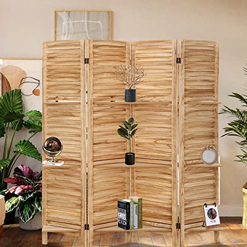 Babion 4 Panel Room Divider with Shelves, Wooden Room Divider Wall, 4 Panel Folding Privacy Screens, Freestanding Room Partition for Office Kitchen Bedroom Balcony (Deep Brown)