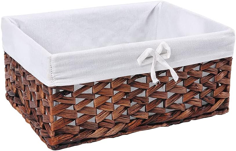 HDKJ Woven Storage Baskets with Liner, Water Hyacinth Rectangular Decorative Bins for Parlor Bedroom Bathroom Laundryroom Shelves Organizing. (QZXW-Set of 2) Pack of 2
