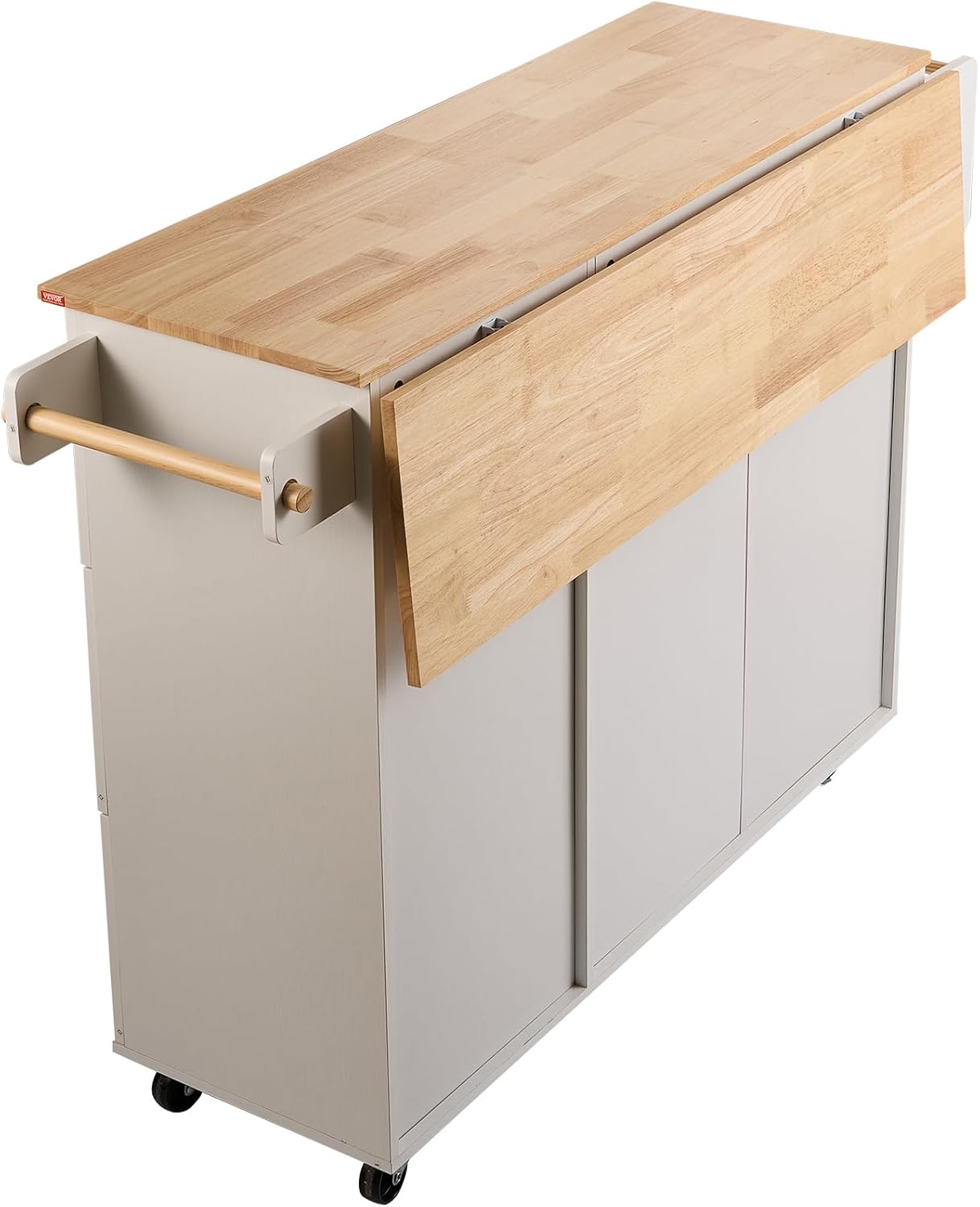 VEVOR Kitchen Island Cart with Solid Wood Top, 45.3" Width Mobile Carts with Storage Cabinet, Rolling Kitchen Table with Spice Rack, Towel Rack, Drop Leaf and Drawer, Portable Islands on Wheels, White