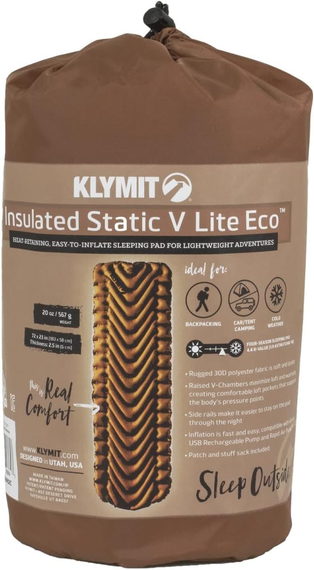 Klymit Insulated Static V Lite ECO Sleeping Pad Lightweight 4-Season Inflatable Camping Pad - BlueSign Approved Fabric
