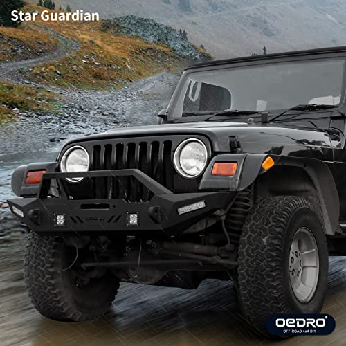 OEDRO Front Bumper Compatible for 87-06 Jeep Wrangler TJ & YJ & LJ Rock Crawler Bumper with Winch Plate Mounting & 4X LED Lights & 2X D-Rings Off Road