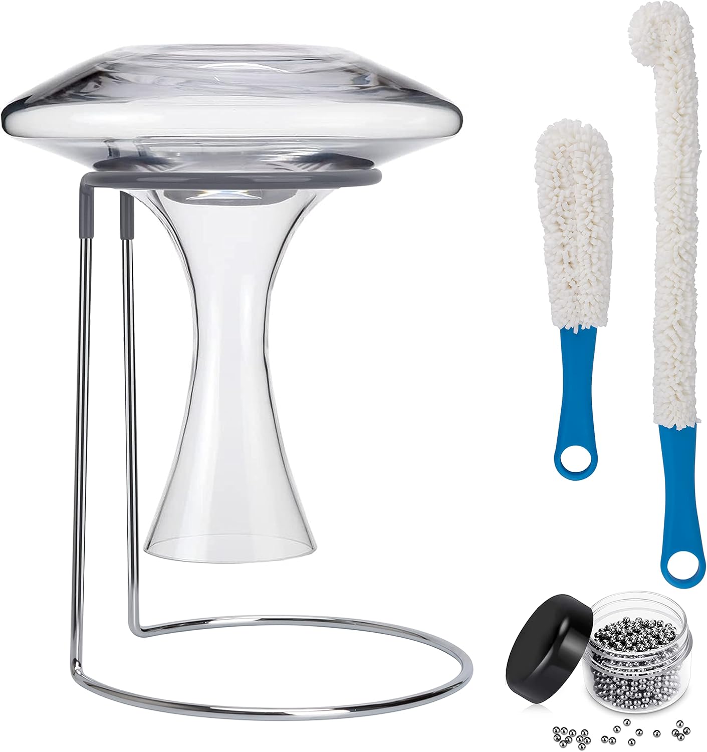Wine Decanter Drying Stand with Rubber Coated Top to Prevent Scratches, Wine Decanter Drying Rack for Standard Large Bottomed Wine Decanters, Includes Cleaning Brush and Decanter Cleaning Beads Pack of 2
