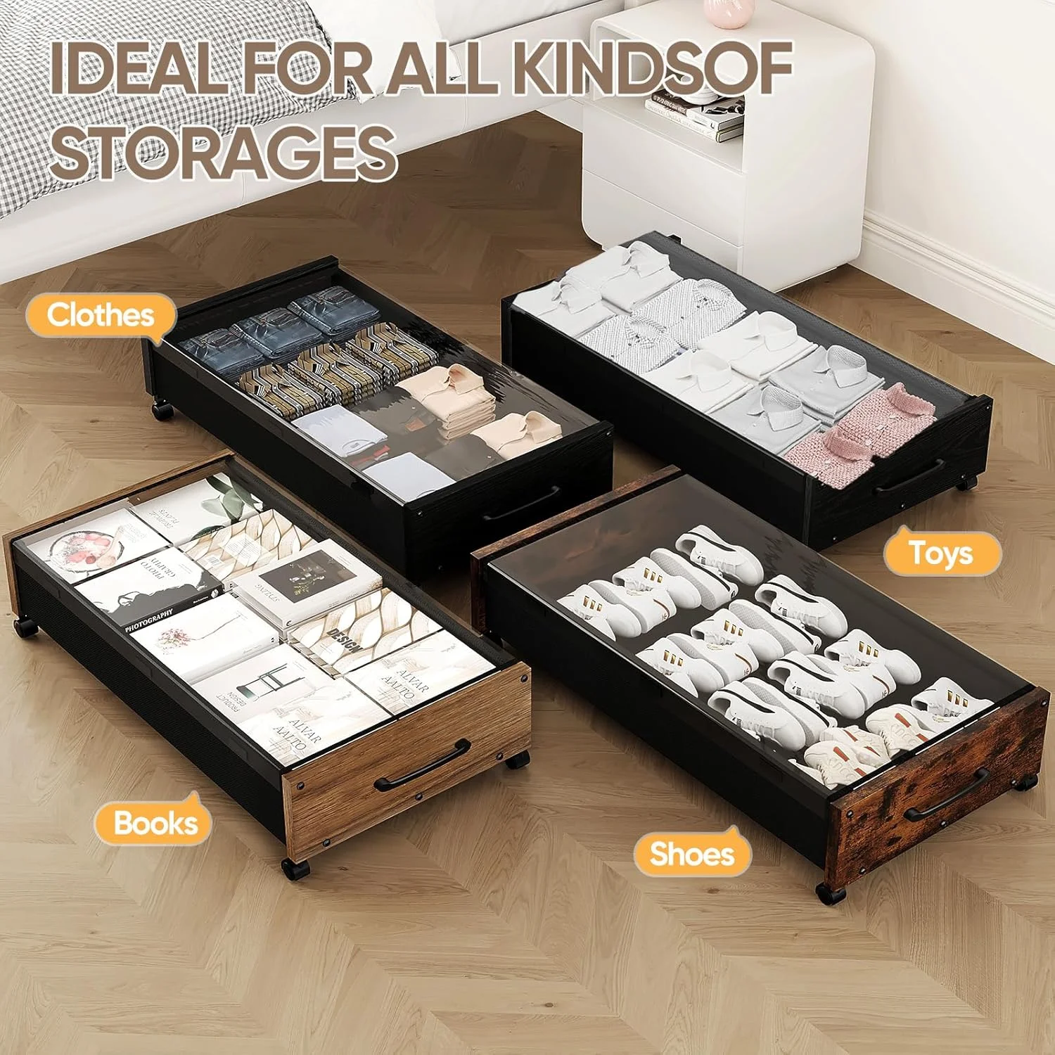 Wooden Under Bed Storage with Wheels, 80L Extra-large Rolling Under the Bed Storage Bins 2 Pack with Removable Lid, Upgrade Metal Under Bed Drawers for Clothes Shoes Blankets in Bedroom