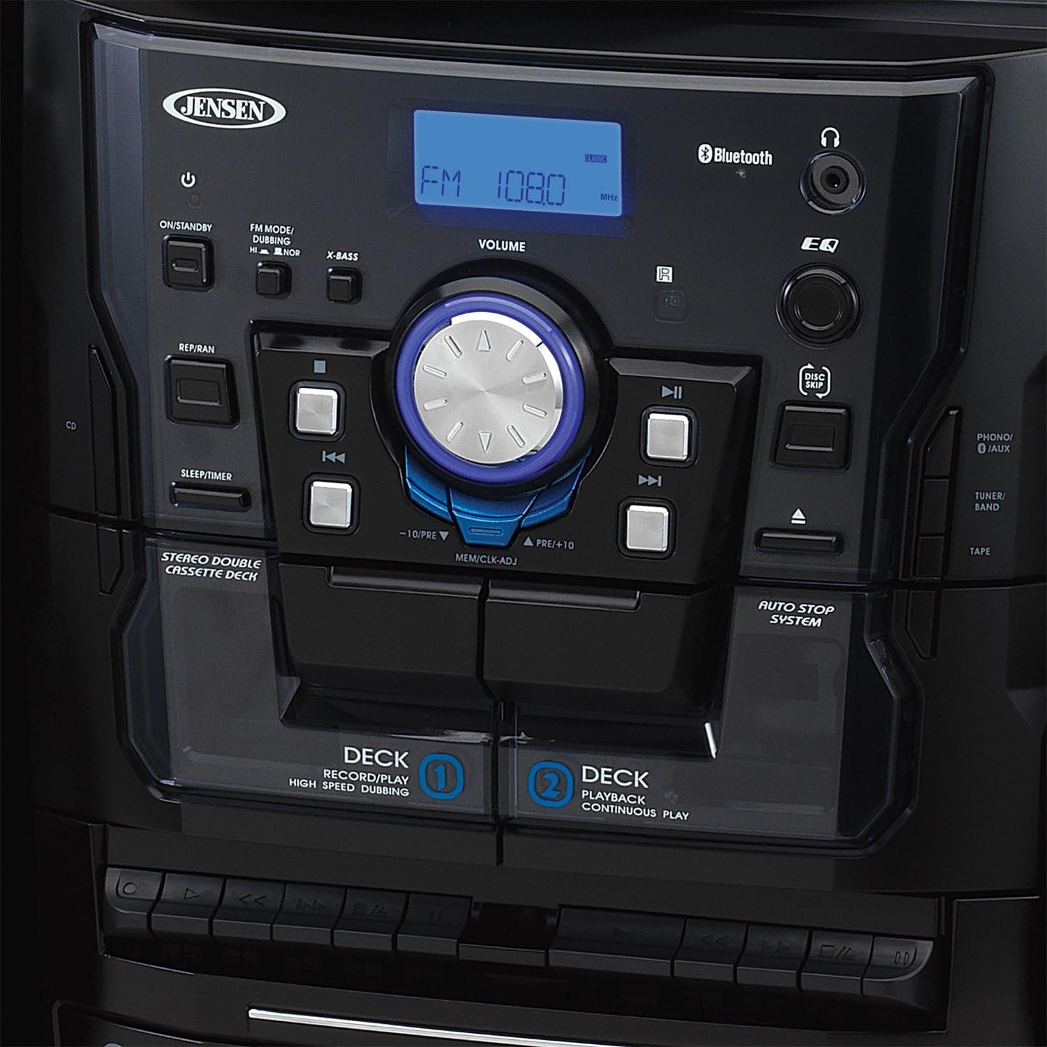 Jensen JMC1250 Bluetooth 3-Speed Stereo Turntable and 3 CD Changer with Dual Cassette Deck (JMC-1250)