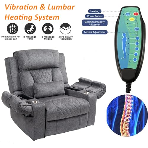 Light Grey Recliner Chair for Elderly | Tall and Big Man 400lbs | Chenille | Power Lift, Lay Flat, Stand Up, Wireless Charging Device, Extended Footrest, Massage Heat, Cup Holder, Lumbar Pillow
