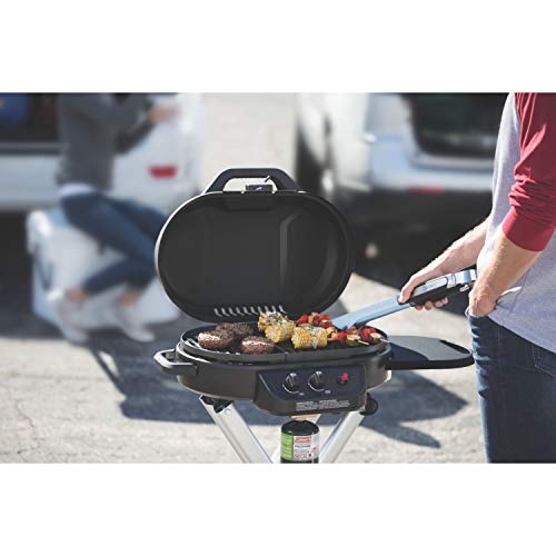 Coleman RoadTrip 225 Portable Stand-Up Propane Grill, Gas Grill with Push-Button Starter, Folding Legs & Wheels, Side Table, & 11,000 BTUs of Power for Camping, Tailgating, Grilling & More