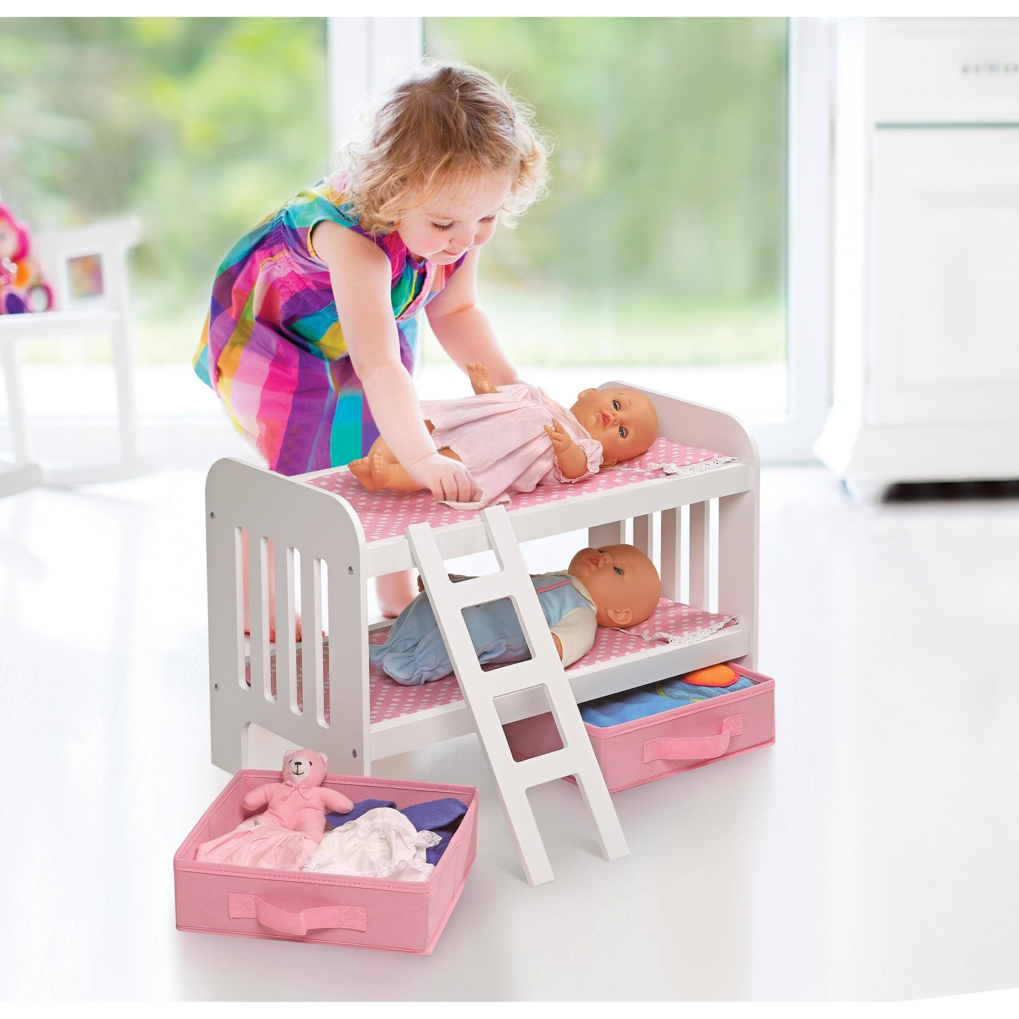Badger Basket Doll Bunk Bed with Ladder and Two Storage Baskets - pink/polka Dot