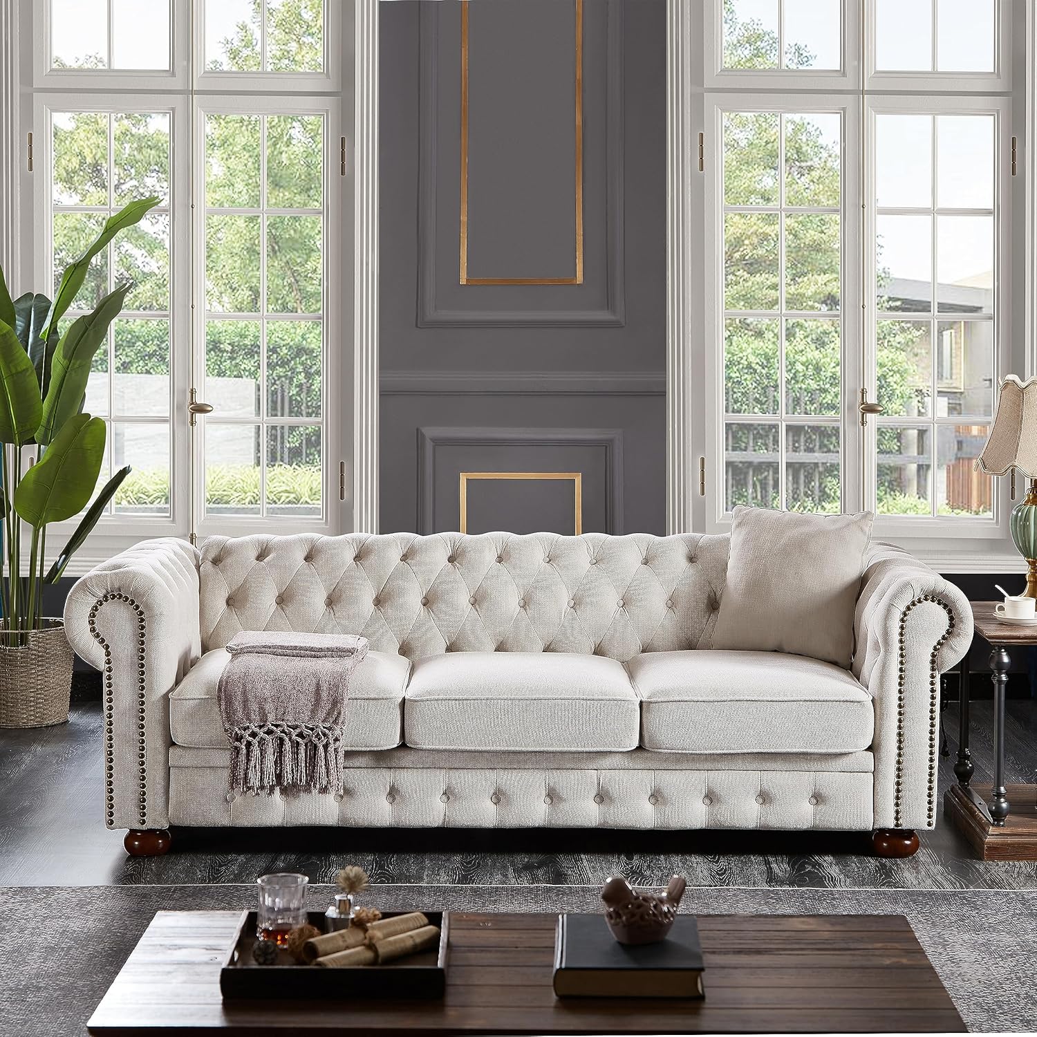 Chesterfield sofa beige linen fabric (Beige)