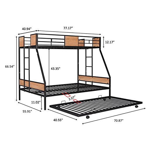 Twin Over Full Bunk with Trundle Metal Bunk Bed Frame with Slat and Guardrail, Black