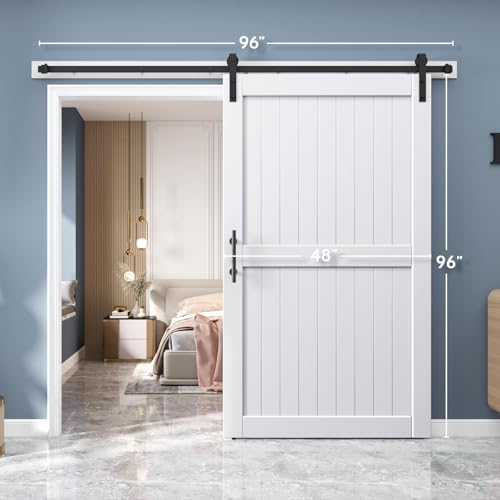EaseLife 54 x 84 inch White Barn Door with 9FT Sliding Door Hardware Kit Included & Handle,Solid Wood Covered with Waterproof PVC Surface,DIY Assemblely,Easy Install,H-Frame,Fit 50-52in Wide Opening