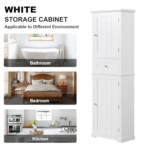 Tall Bathroom Storage Cabinet, Freestanding Storage Cabinet with Drawer and Adjustable Shelf, MDF Board with Painted Finish, White