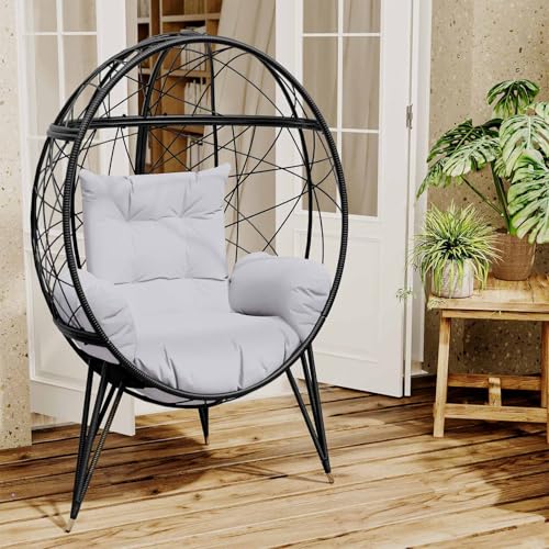 Wicker Egg Chair with Stand Cushion Outdoor Indoor Lounger Egg Basket Chair for Living Room, Backyard, Balcony, Patio (Black)