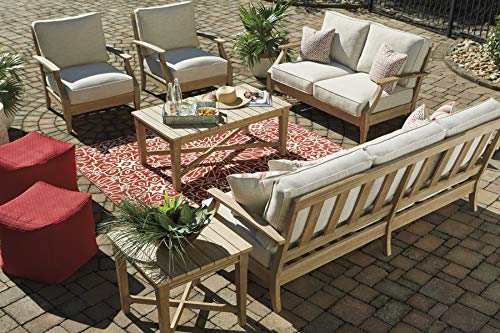 Signature Design by Ashley Carter Hall Outdoor Eucalyptus Patio Sofa with Cushion, Beige