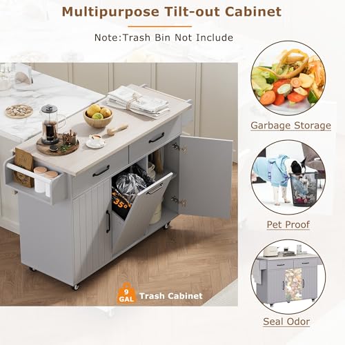 60" Kitchen Island with Drop Leaf and Power Outlet, Rolling Kitchen Cart on Wheels with Trash Can Storage Cabinet, Spice Rack, Towel Rack and Adjustable Shelf for Dining Room