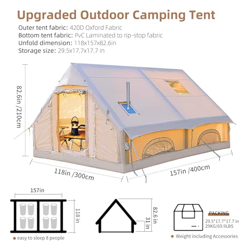 Inflatable Camping Tents 8-10 Person,129 Square Feets Large Inflatable Camping Tent with Stove Jack,Blow up Tent with Mesh Windows & Pump,Easy Setup 4 Season Glamping Tents Waterproof