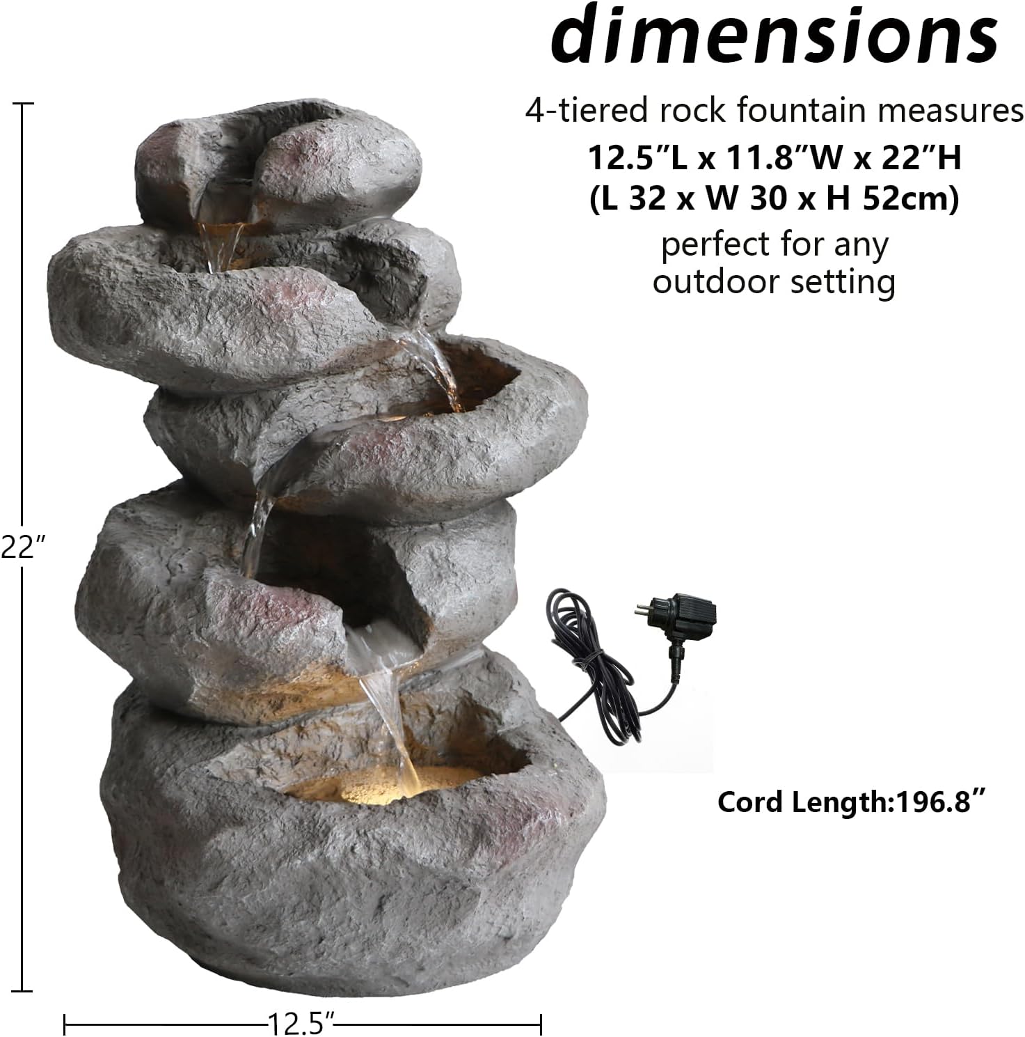 Tower Rock Fountain Fountain with LED Lights, Lighted Cascade Waterfall Freestanding Fountains 5-Tiered Stacked Rocks Outdoor Fountains for Patio and Garden Decor Deep Grey
