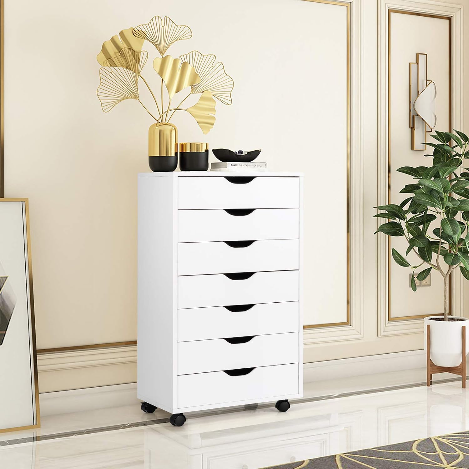 7 Drawers File Cabinet, 34.5”Vertical Filing Cabinet for Home Office, Under Desk Storage Cabinet with Wheels, Mobile Chest of Drawers, Lateral Rolling Printer Stand, White