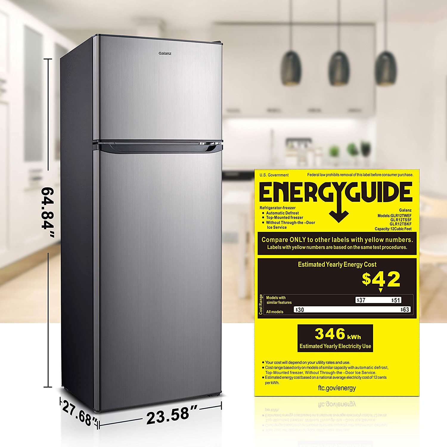 Galanz 12 Cu Ft Top Freezer Refrigerator, Frost Free, Stainless Look