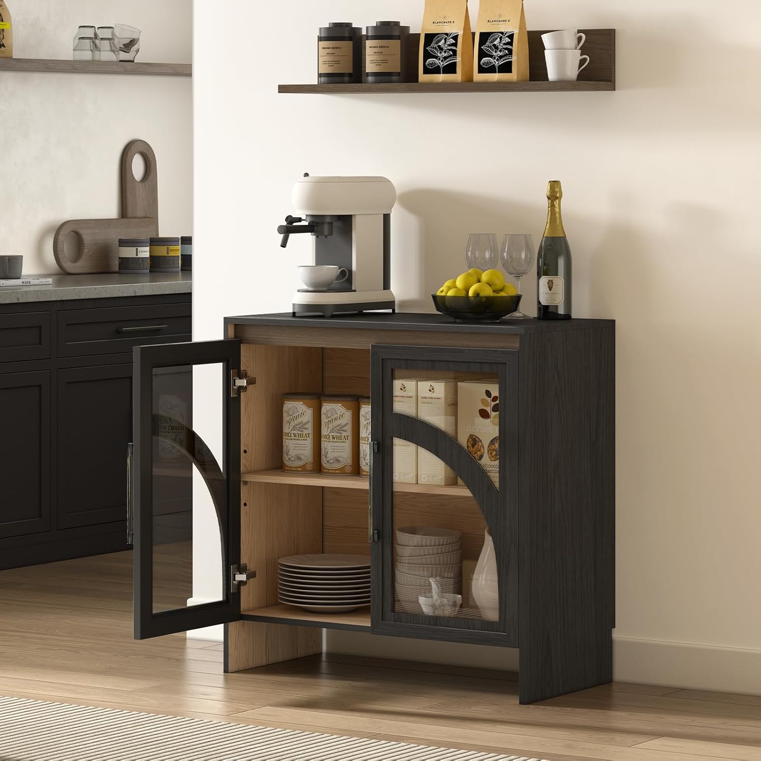 Modern Accent Cabinet,Sideboard Buffet Cabinet with Storage,Arched Cabinet with Glass Door,Credenza Storage Cabinet with Adjustable Shelf for Living Room,Entryway,Dinning Room,Black
