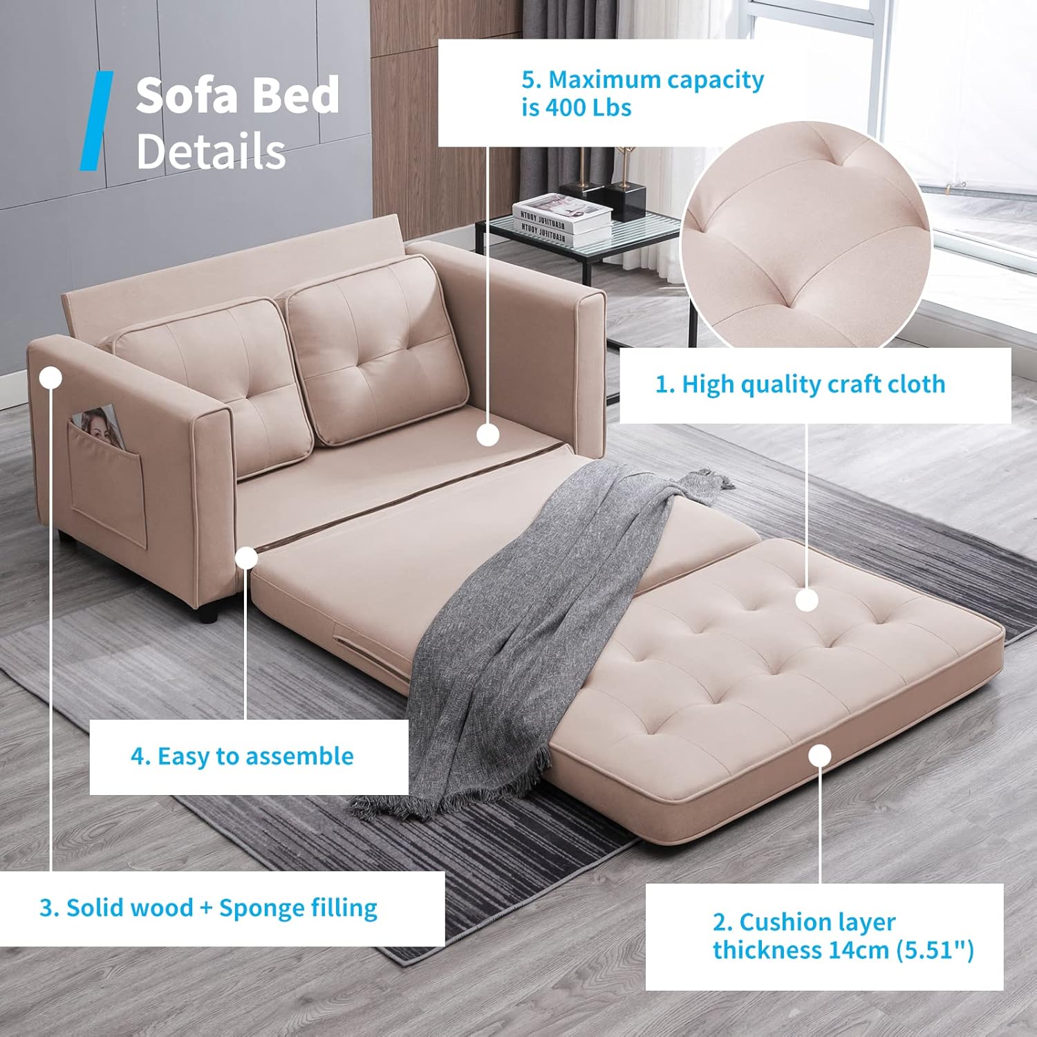 Mjkone 3-in-1 Convertible Pull Out Sofa Bed with Side Pockets, Loveseat Sleeper Sofa Couch for Living Room, Small Apartment (Beige)