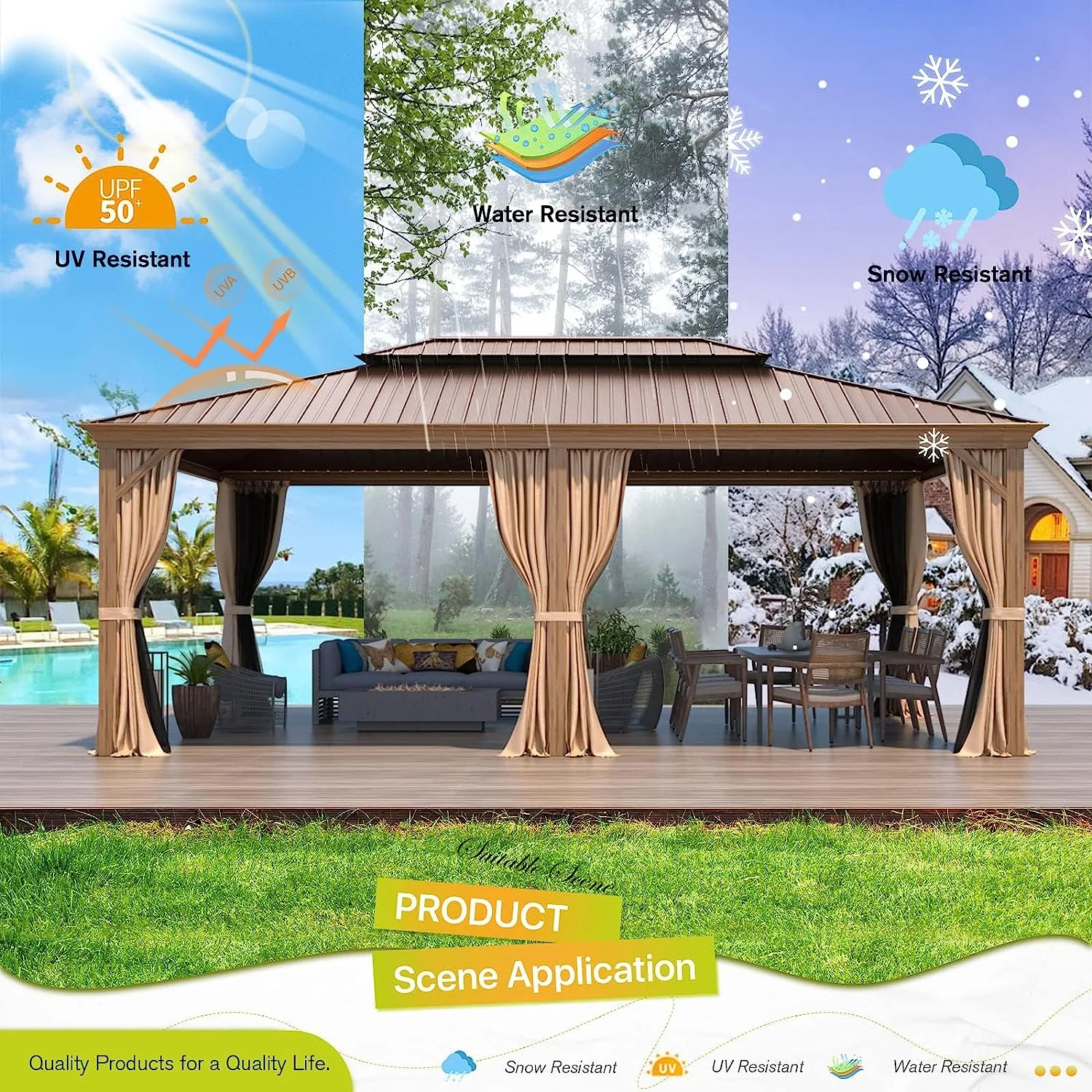 Erommy 14' x 20' Hardtop Gazebo, Wooden Finish Coated Aluminum Frame Canopy with Double Galvanized Steel Roof, Outdoor Permanent Metal Pavilion with Curtains and Nettings for Patio, Backyard and Deck