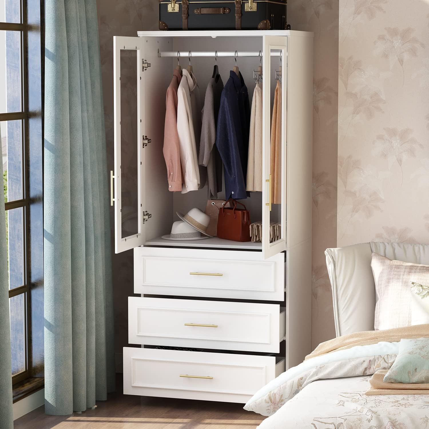 ECACAD Wardrobe Armoire with 2 Glass Doors, 3 Drawers & Hanging Rod, Wooden Closet Storage Cabinet for Bedroom, White (31.7”W x 19.3”D x 74.8”H)