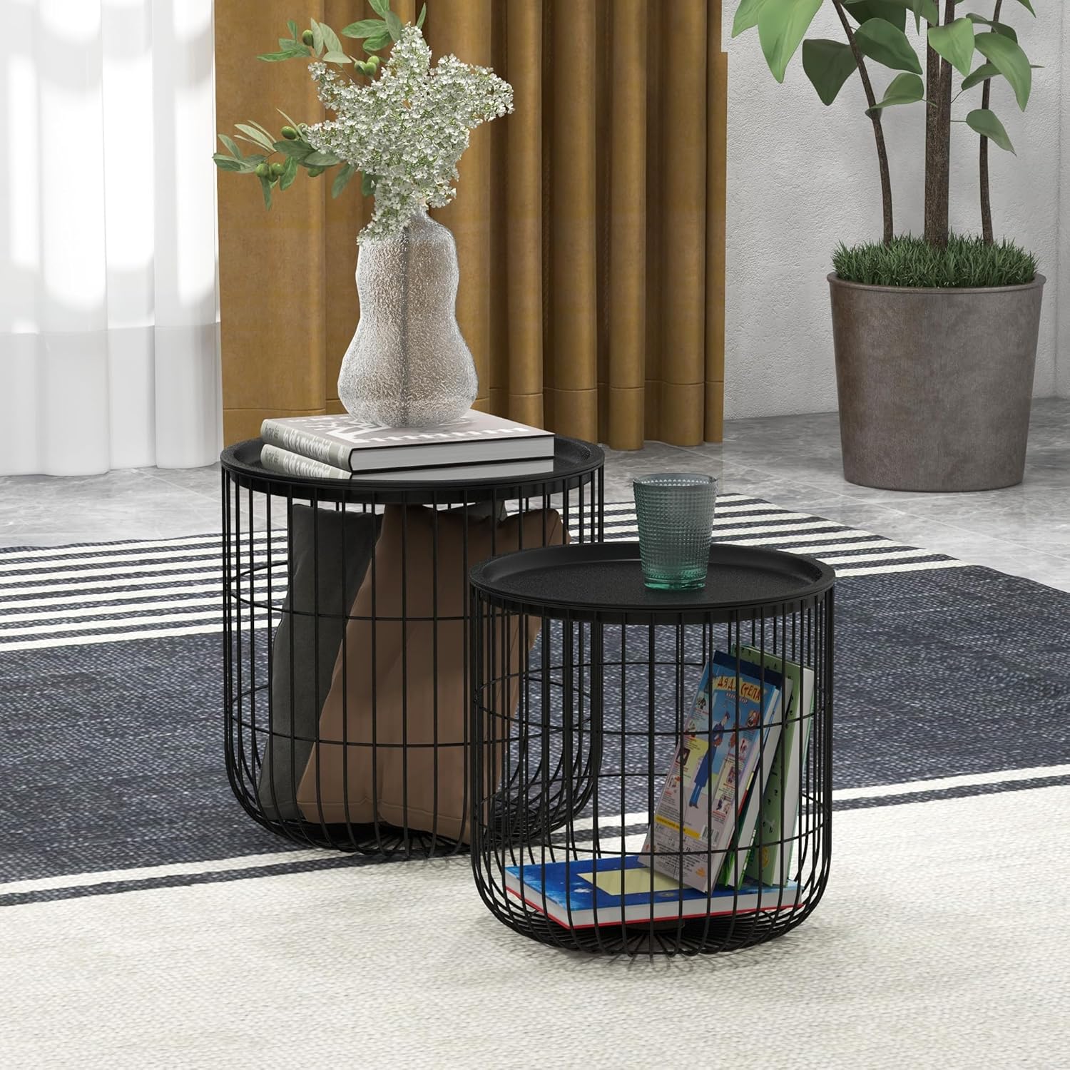 Nesting Coffee Tables, Round Coffee Table Set of 2 with Steel Wired Basket Body and Removable Top, Stacking End Tables Blanket Storage for Living Room, Black