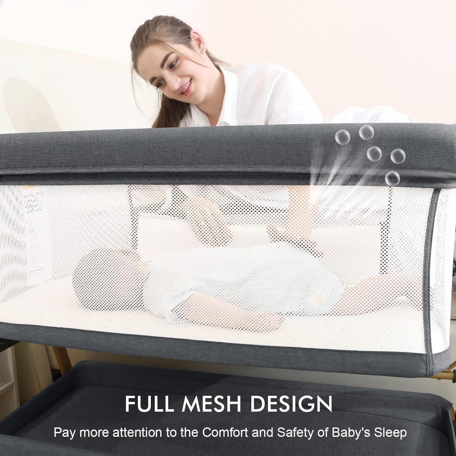 3 in 1 Baby Bassinet, Bedside Bassinet for Baby, Rocking bassinet with Storage Basket and Wheels, Adjustable Height Bassinet Bedside Sleeper, Easy Folding Portable Crib for Newborn