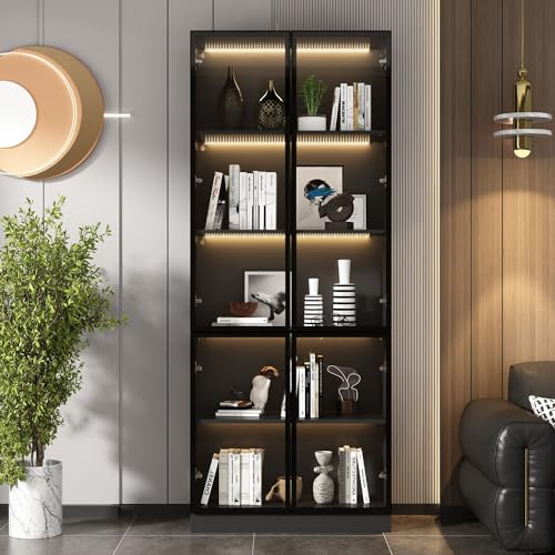 MOUMON Glass Display Cabinet with Lights & 4 Pop-up Doors, Glass Cabinet Display Case with 5-Tier Storage Shelves, for Living Room Hallway Black (31.5”W x 14.2”D x 78.7”H)