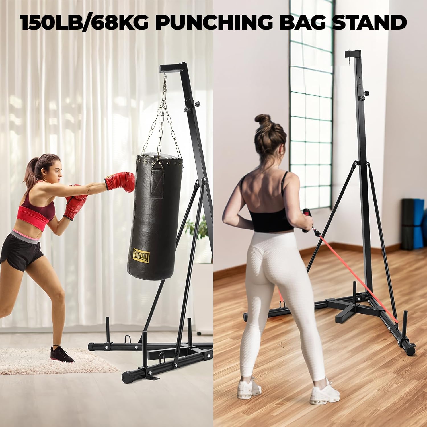 Height Adjustable Punching Bag Stand, Heavy Duty Boxing Bag Stand, Heavy Bag Stand Steel Sandbag Rack Independent to 150 lbs for Home Gym Fitness (Only Stand)