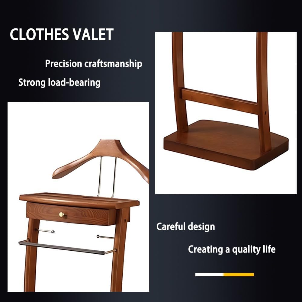 Solid Wood Suit Rack with Pants Bracket, Metal Valet Stand with Heavy Base, Wooden Clothes Valet with Tie Holder, for Living Room, Office, Bedroom 39x30x112.2CM