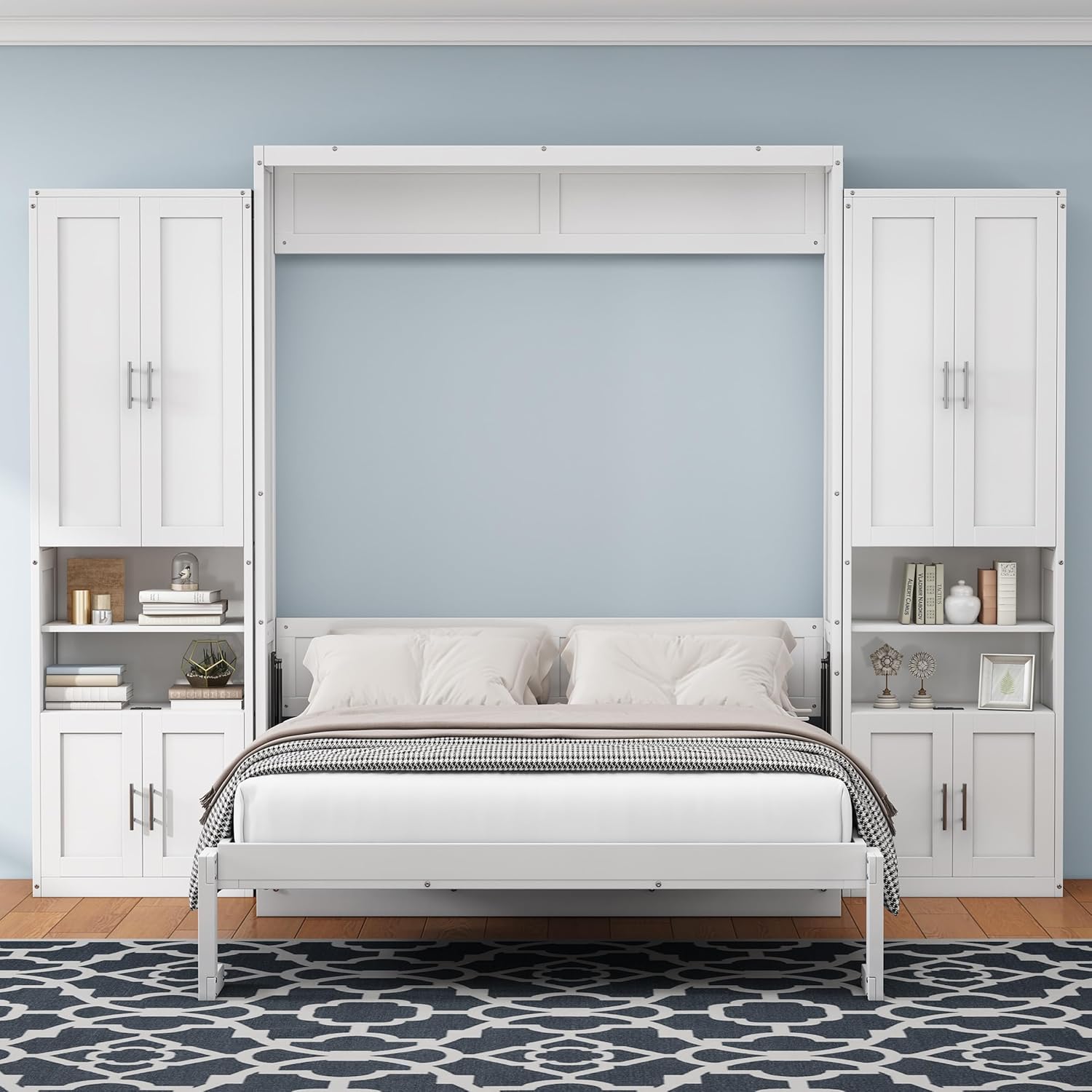Merax Queen Size Murphy Bed with 2 Side Cabinet Storage Shelves Cabinet Folding Wall Bed with Desk Combo for Guest Room,Study,Office,White