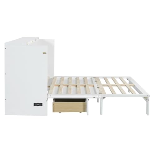 Full Size Murphy Bed Cabinet, Solid Wood Murphy Bed with Charging Station and Large Storage Drawer, Wall Mounted Foldable Platform Bed, Space Saving for Guest Room, Office, Gray