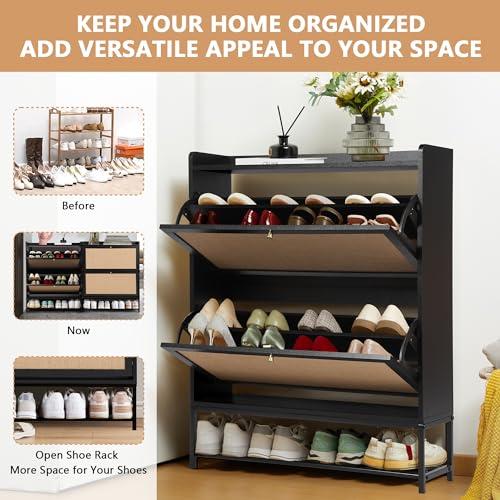 LEVNARY Shoe Cabinet Set of 2, Wooden Narrow Shoe Racks Cabinet Storage with 2 Flip Drawers, Hidden Freestanding Shoe Organizer for Hallway, Entryway, Home (2, Walnut)