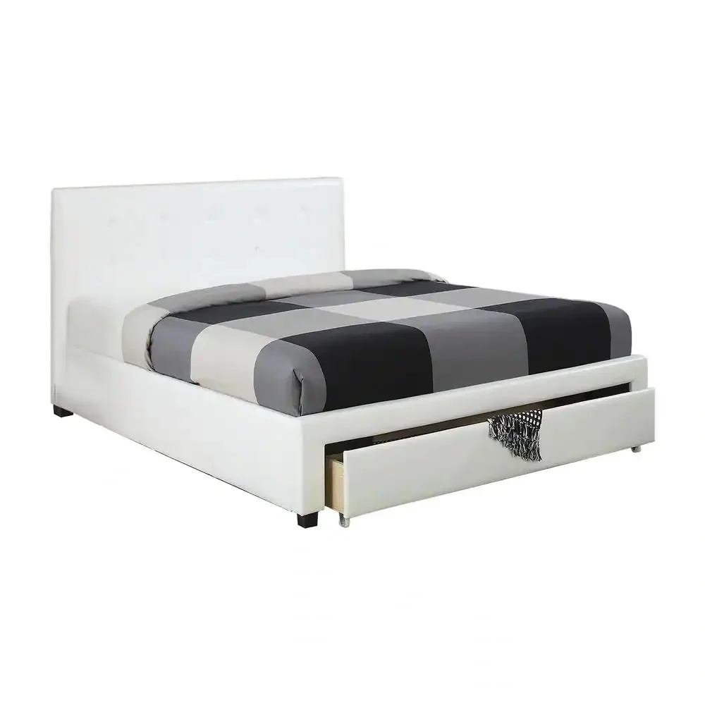 Modern Classic White Full Size Bed Underbed Storage Darwers Wooden Tufted Upholstered Faux Leather 1pc Bedframe Bedroom