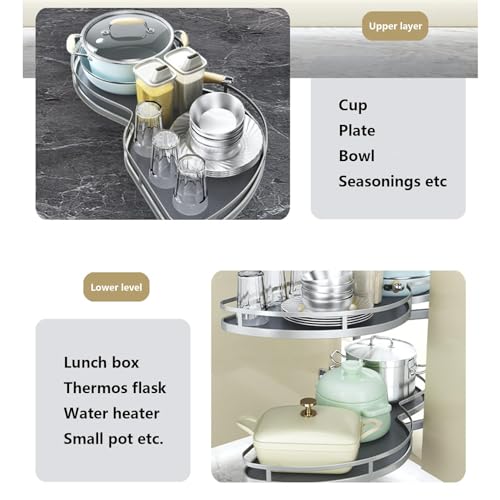 Spice Rack, Organizer Kitchen Organizer 2-Tier Grey Left Hand Corner Pull Out Shelf Kitchen Cabinet Cupboard Carousel Storage Rack