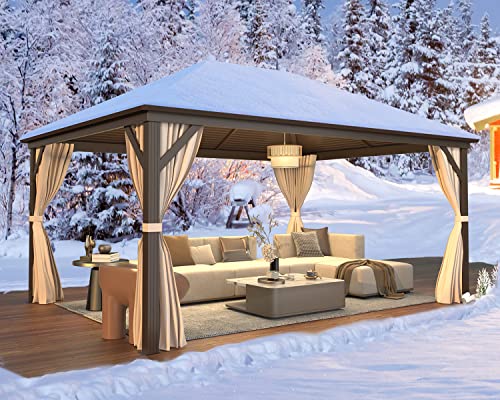 MELLCOM 12'x16' Hardtop Gazebo, Galvanized Steel Metal Double Roof Canopy with Curtains and Netting, Brown Permanent Pavilion Gazebos with Aluminum Frame for Garden, Patio, Lawns, Deck