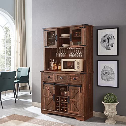 OKD 72" Farmhosue Bar Cabinet with Sliding Barn Door, Large Kitchen Buffet with Hutch w/Wine & Glasses Rack, 3 Drawers, 12 Storage Shelves, Rustic Coffee Bar Sideboard Table, Antique Brush White