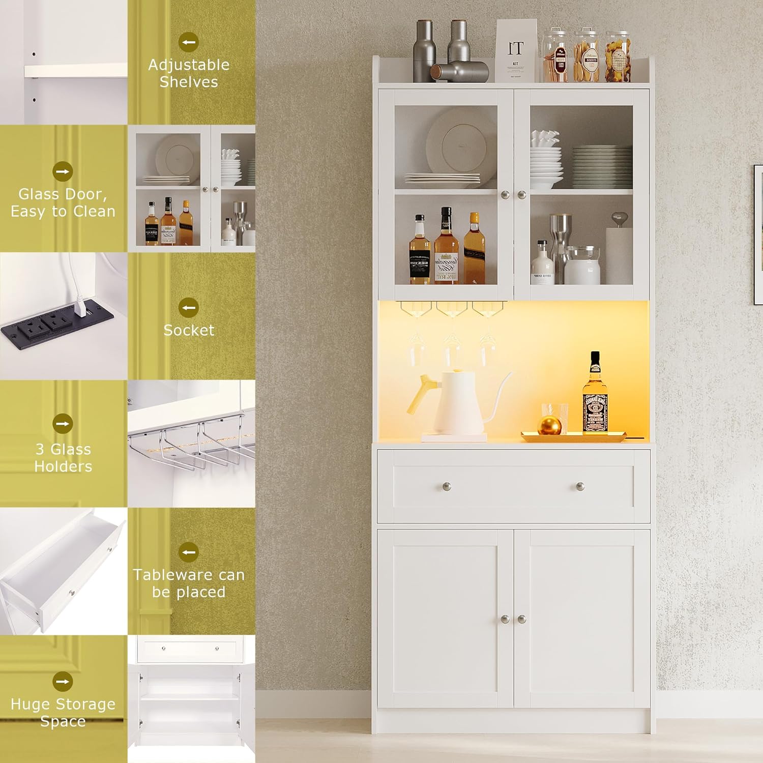 75.2" Pantry Cabinet Kitchen Cabinet with Buffet Cupboard, Kitchen Pantry Storage Cabinet with LED Lights Charging Station, Tall Food Pantry Hutch Organizer,Wood Buffet Sideboard, Buffet Cabinet