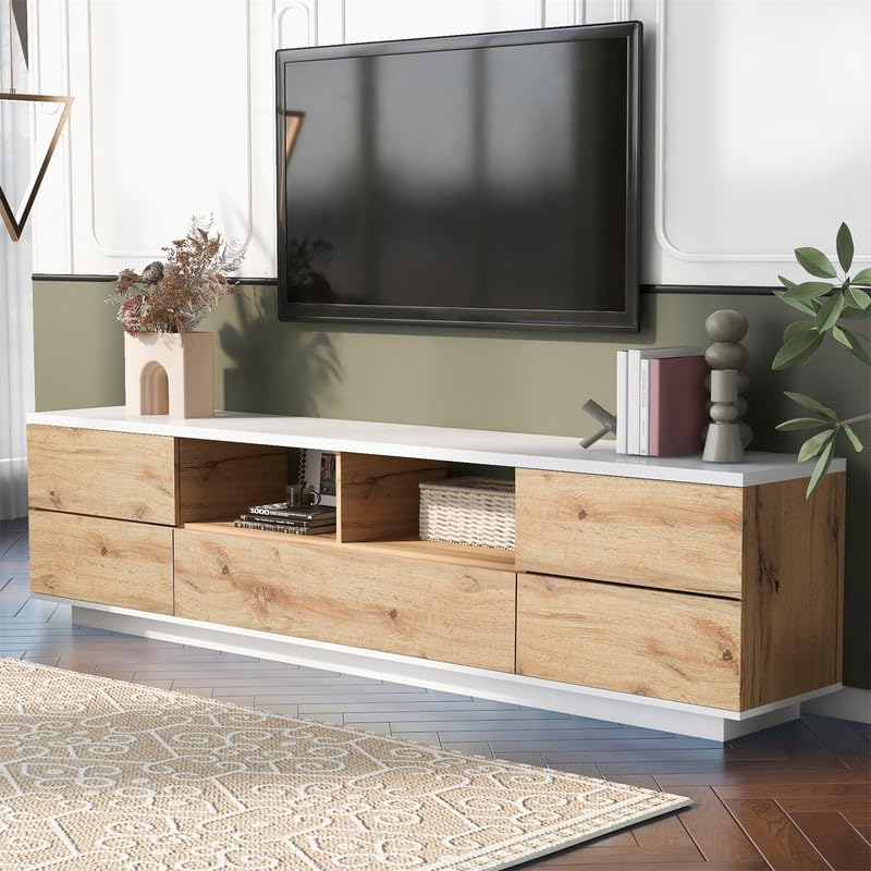 TV Stand up to 80", TV Stands for Living Room Entertainment Center with 8 Cabinet and Door Rebound Device, Modern TV Stand with Storage in MDF, TV Console Table Media Cabinet for Bedroom, Natural