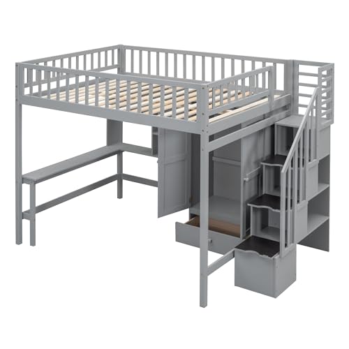 Full Size Loft Bed with Wardrobe Desk Storage Stairs, Wood Loft Bed Frame with Bookcase and Drawers, High Loft Bedframe for Kids Teens Adults, No Box Spring Needed, Espresso