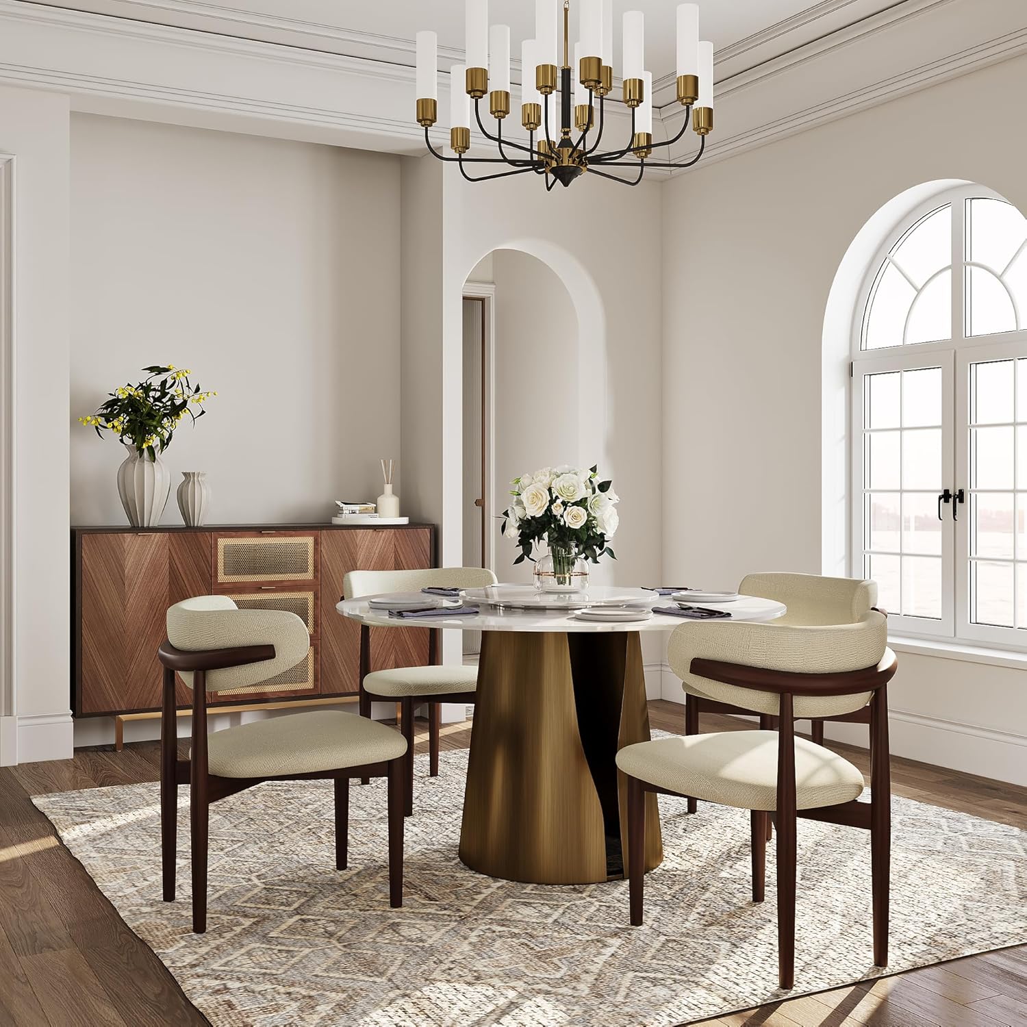 POVISON Round Dining Table for 4-6, Modern Round Dining Table Built in Lazy Susan for Dining Table, 51" Glossy White Sintered Stone Top Dining Table with Bronze Carbon Steel Pedestal(Table Only)