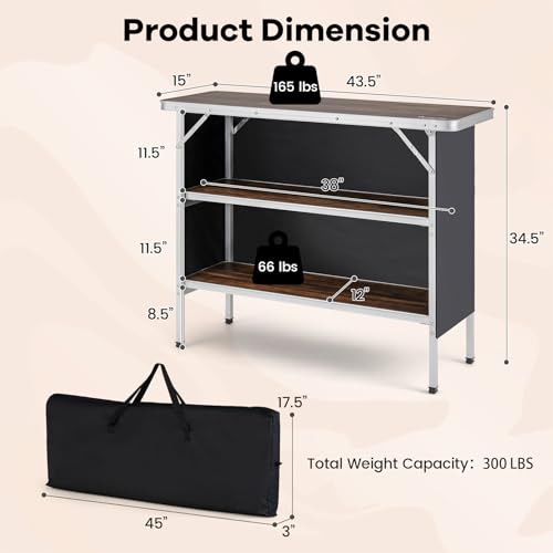 COSTWAY Portable Bar Table for Events, Foldable Pop-Up Bar with Carrying Bag, Collapsible Checkout Counter, 43.5” x 15” x 34.5” Mobile Bartending Station for Party, Craft Fair (2, Brown)