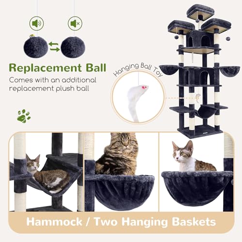 Globlazer Big Cat Tower for Indoor Cats, 80inch Cat Tower for Multiple Adult Cats XXL Cat Tree with Scratching Post, Hammock, 3 Perches, 2 Condos, 2 Hanging Basket, F80, Light Grey
